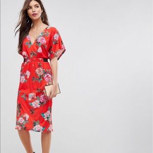 ASOS V Neck Midi Dress In Red Floral